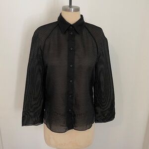 Victoria Beckham Embroidered Gauze Black Button Up Blouse Sz 4, Sheer Opaque Top